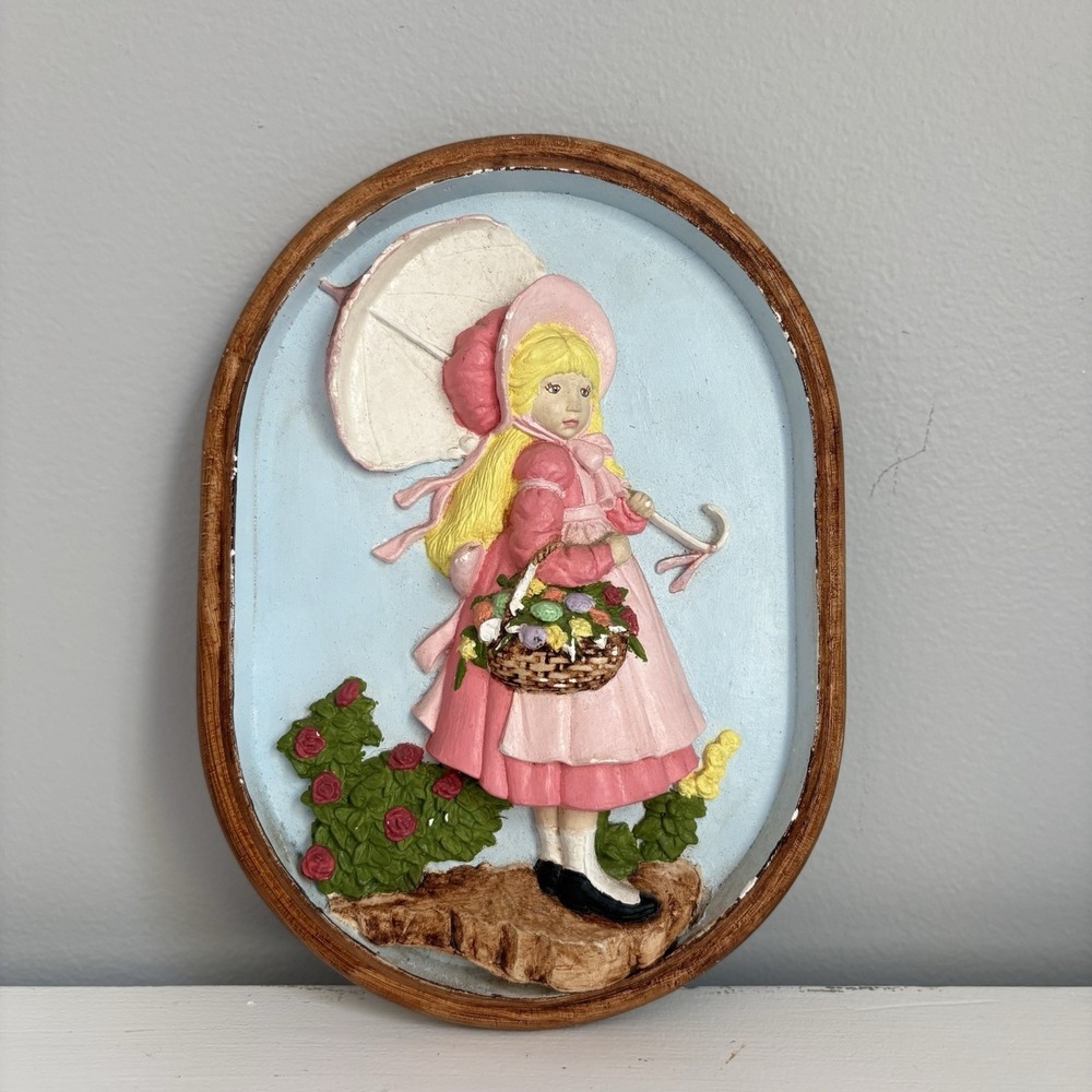 VTG 1985 Handmade Girl Walking Umbrella Folk Art Wall Hanging Plaque Signed